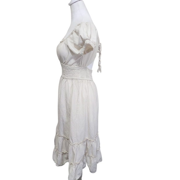 💐Vtg Cottagecore Dress MED Cream Midi Smocked Milk Maid Prairie Boho Peasant - Picture 7 of 14